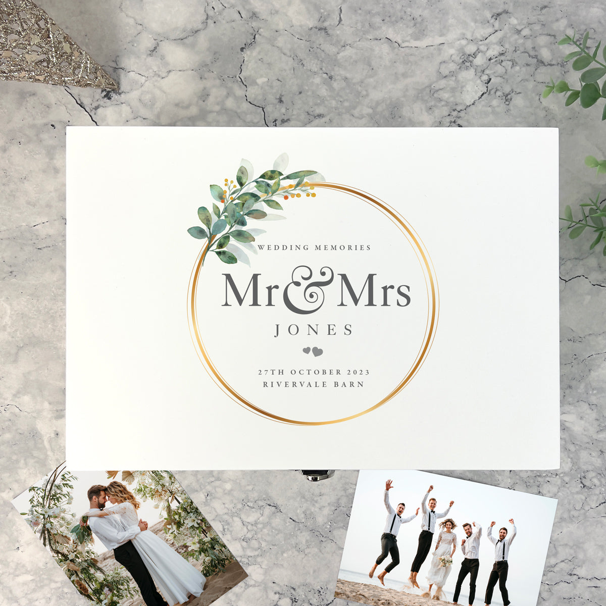 Personalised Luxury White Wooden Wreath Wedding Keepsake Memory Box - 3 Sizes