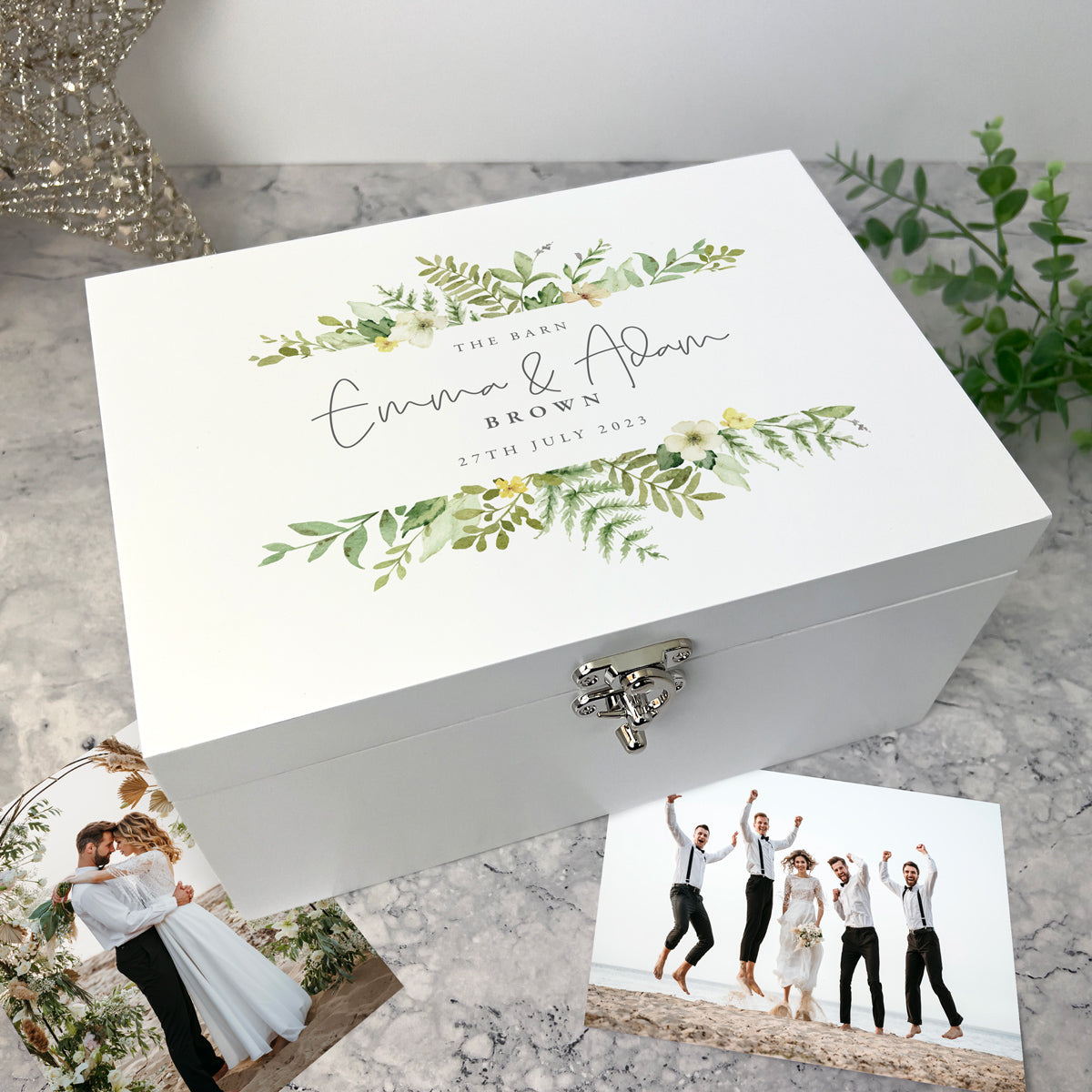 Personalised White Wooden Yellow & Green Floral Wedding Keepsake Memory Box - 3 Sizes
