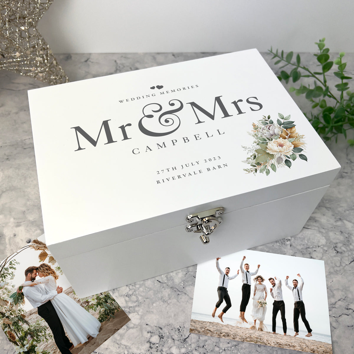 Personalised White Wooden Boho Wedding Keepsake Memory Box - 3 Sizes