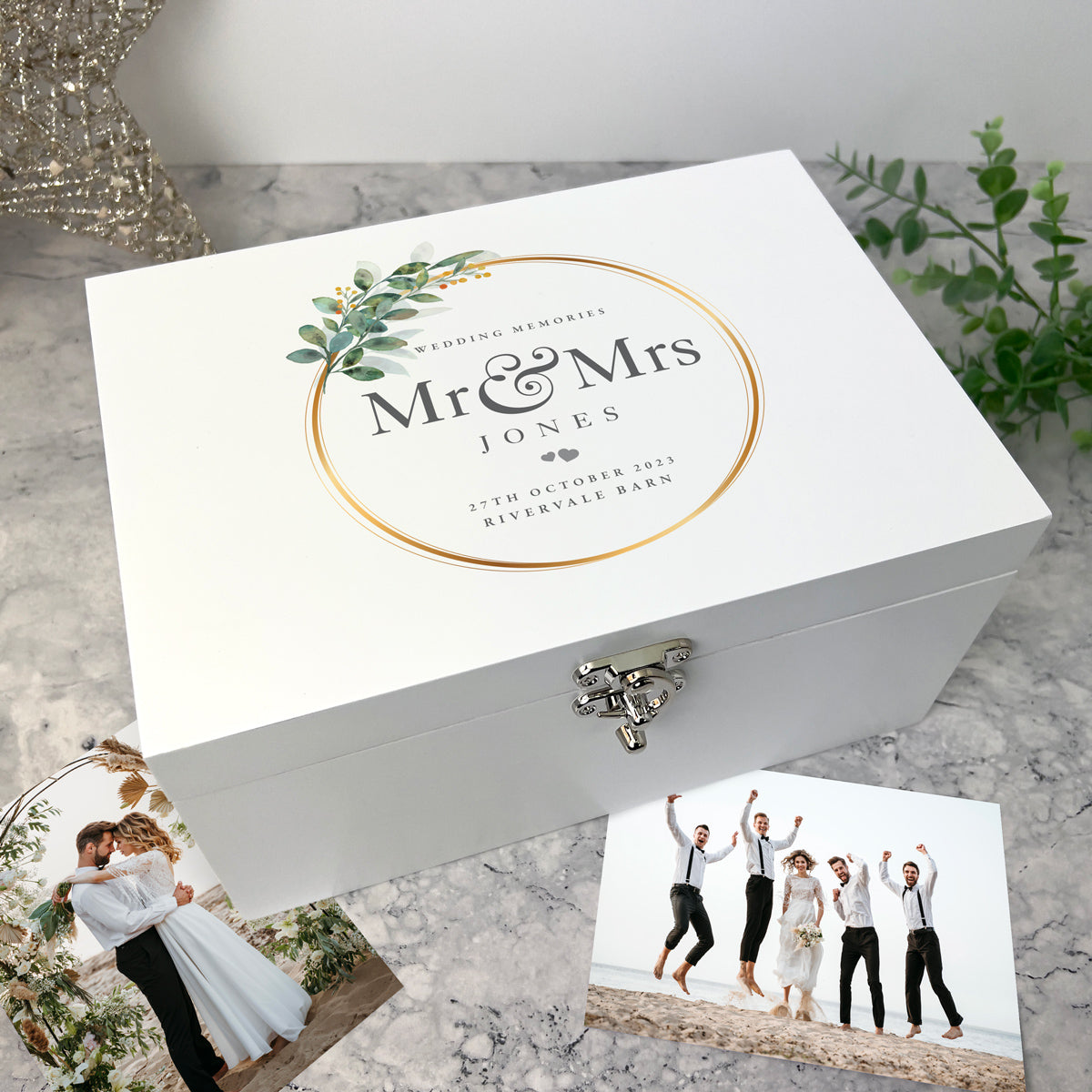 Personalised Luxury White Wooden Wreath Wedding Keepsake Memory Box - 3 Sizes