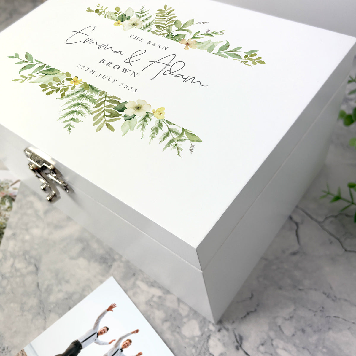 Personalised White Wooden Yellow & Green Floral Wedding Keepsake Memory Box - 3 Sizes