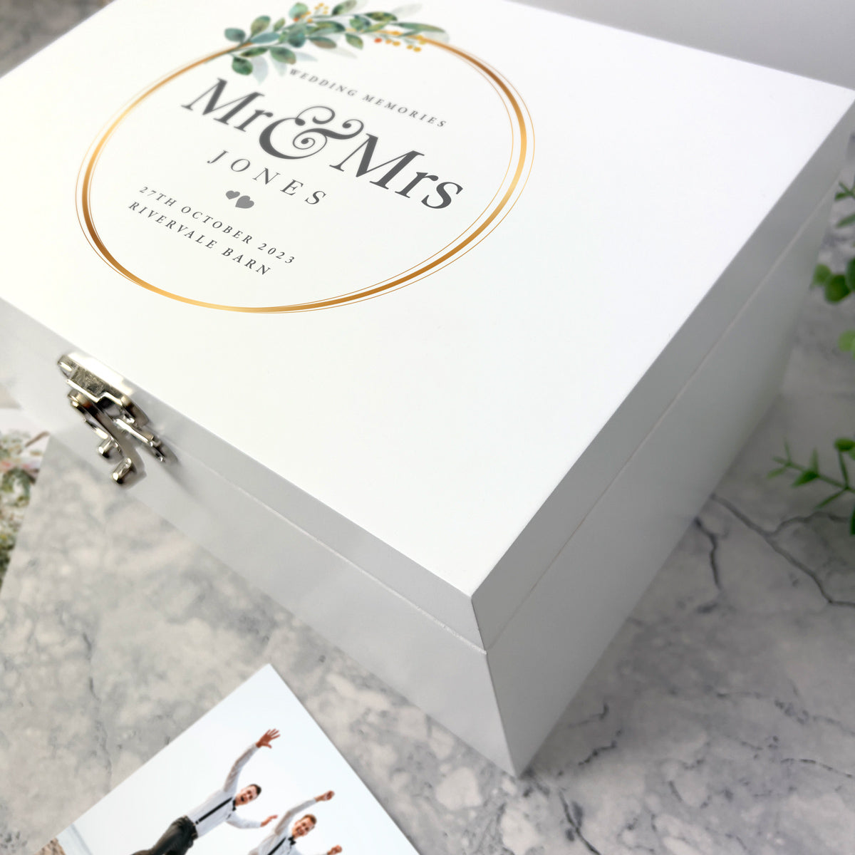 Personalised Luxury White Wooden Wreath Wedding Keepsake Memory Box - 3 Sizes