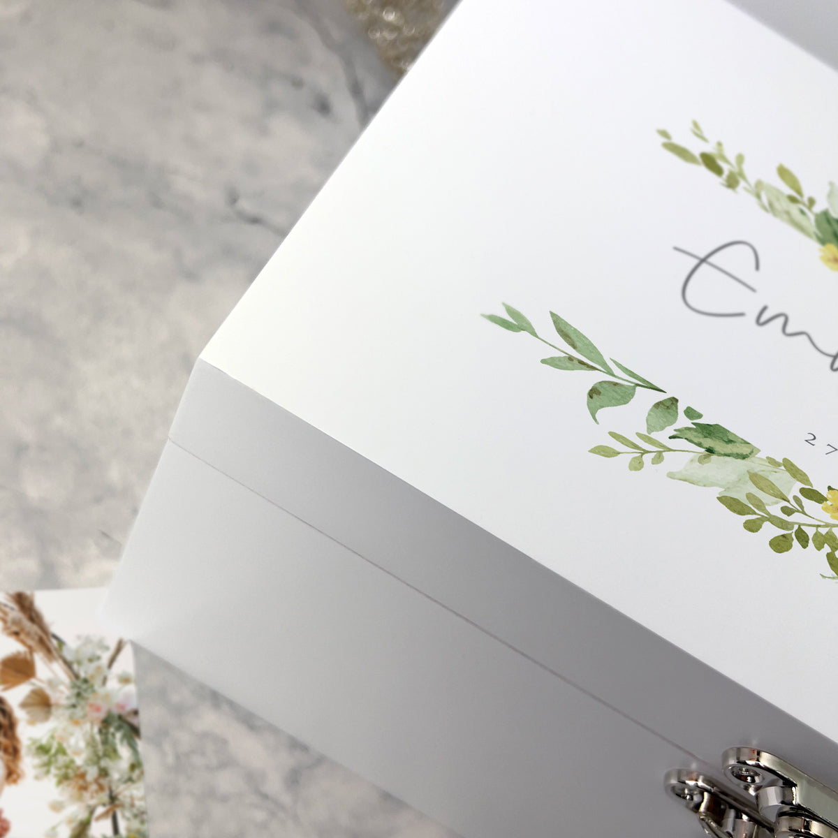 Personalised White Wooden Yellow & Green Floral Wedding Keepsake Memory Box - 3 Sizes