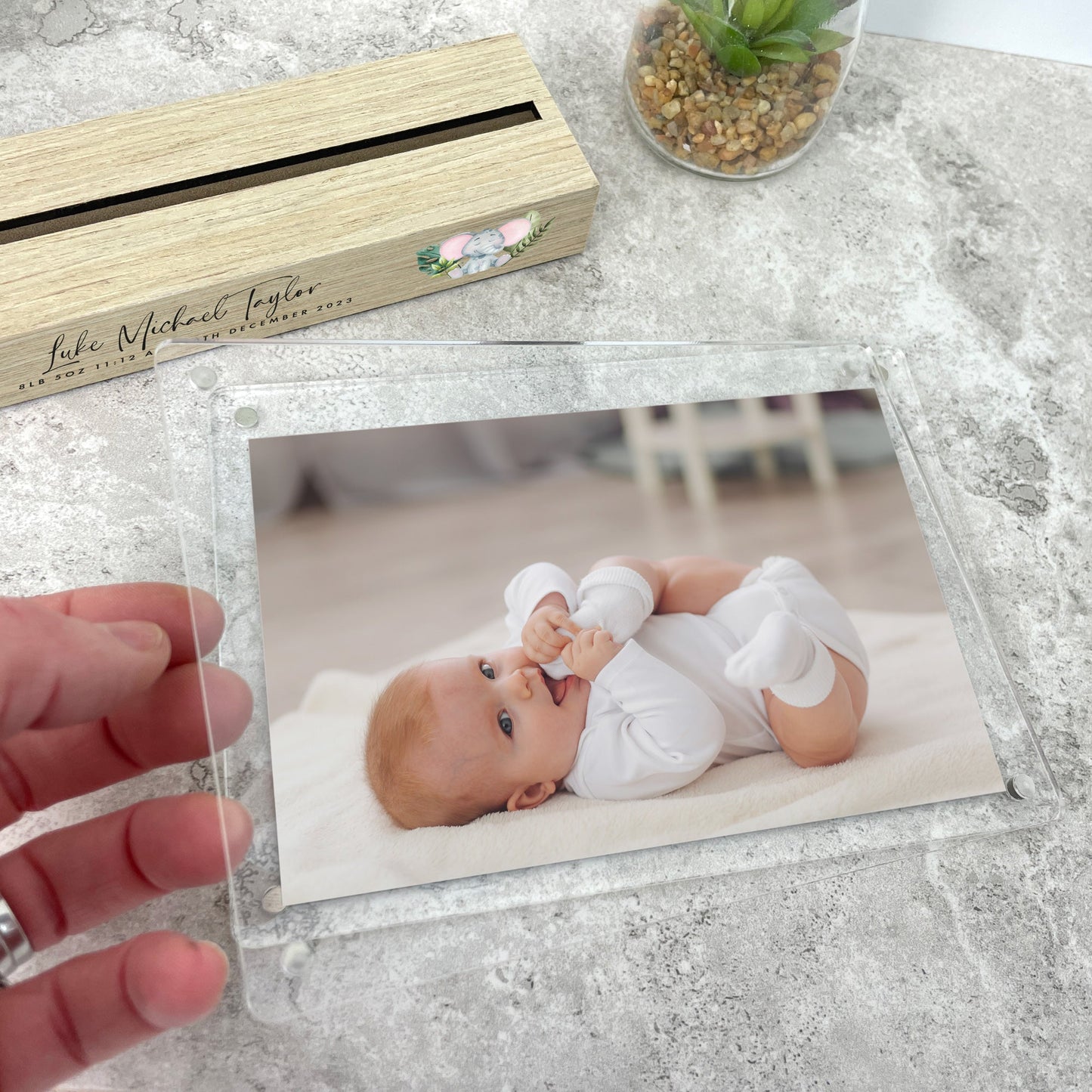 Personalised Jungle Animals New Baby Wooden Base 6x4" Photo Frame