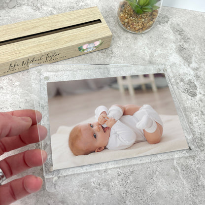 Personalised Jungle Animals New Baby Wooden Base 6x4" Photo Frame