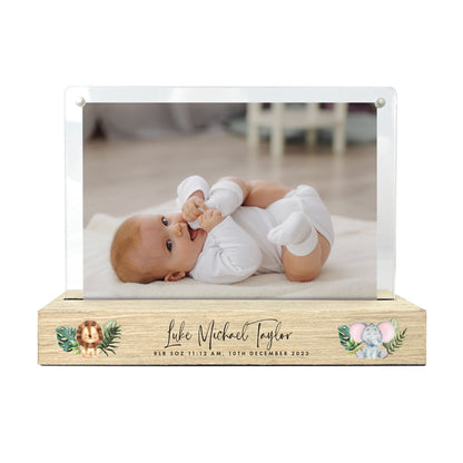 Personalised Jungle Animals New Baby Wooden Base 6x4" Photo Frame