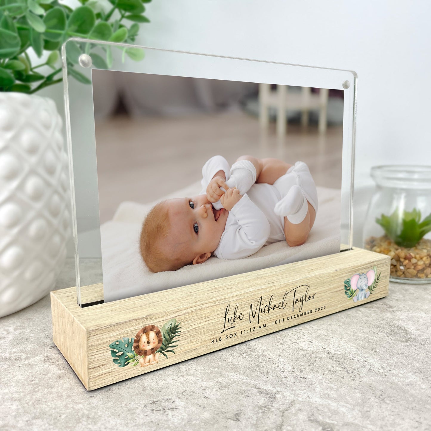 Personalised Jungle Animals New Baby Wooden Base 6x4" Photo Frame