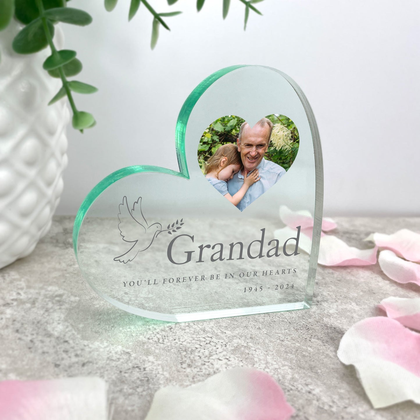 Personalised Dove Memorial Photo Freestanding Acrylic Heart