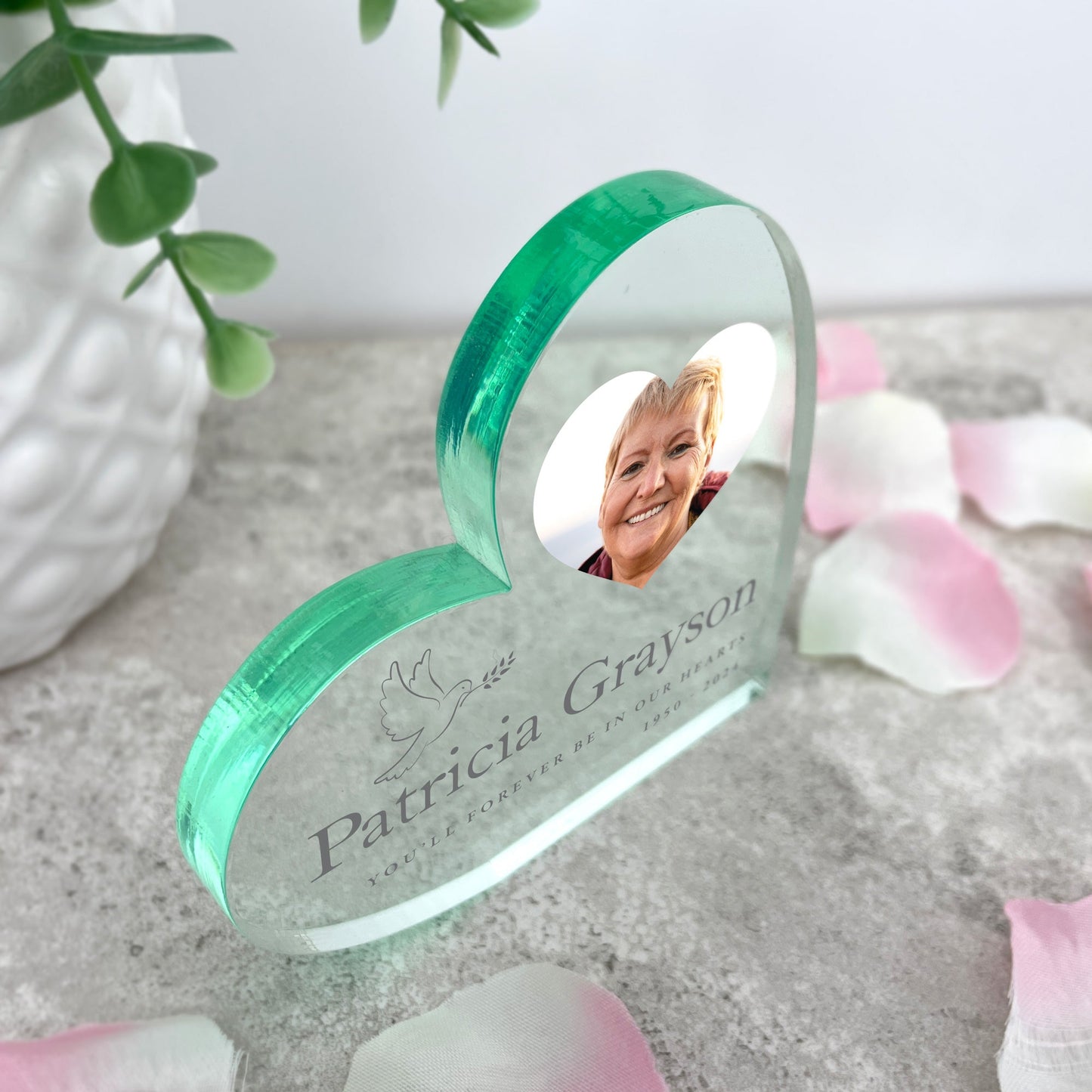 Personalised Dove Memorial Photo Freestanding Acrylic Heart