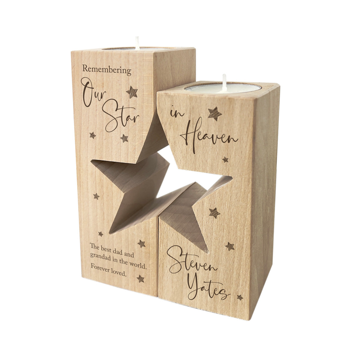 Personalised Solid Wooden Memorial Star Tea Light Holders