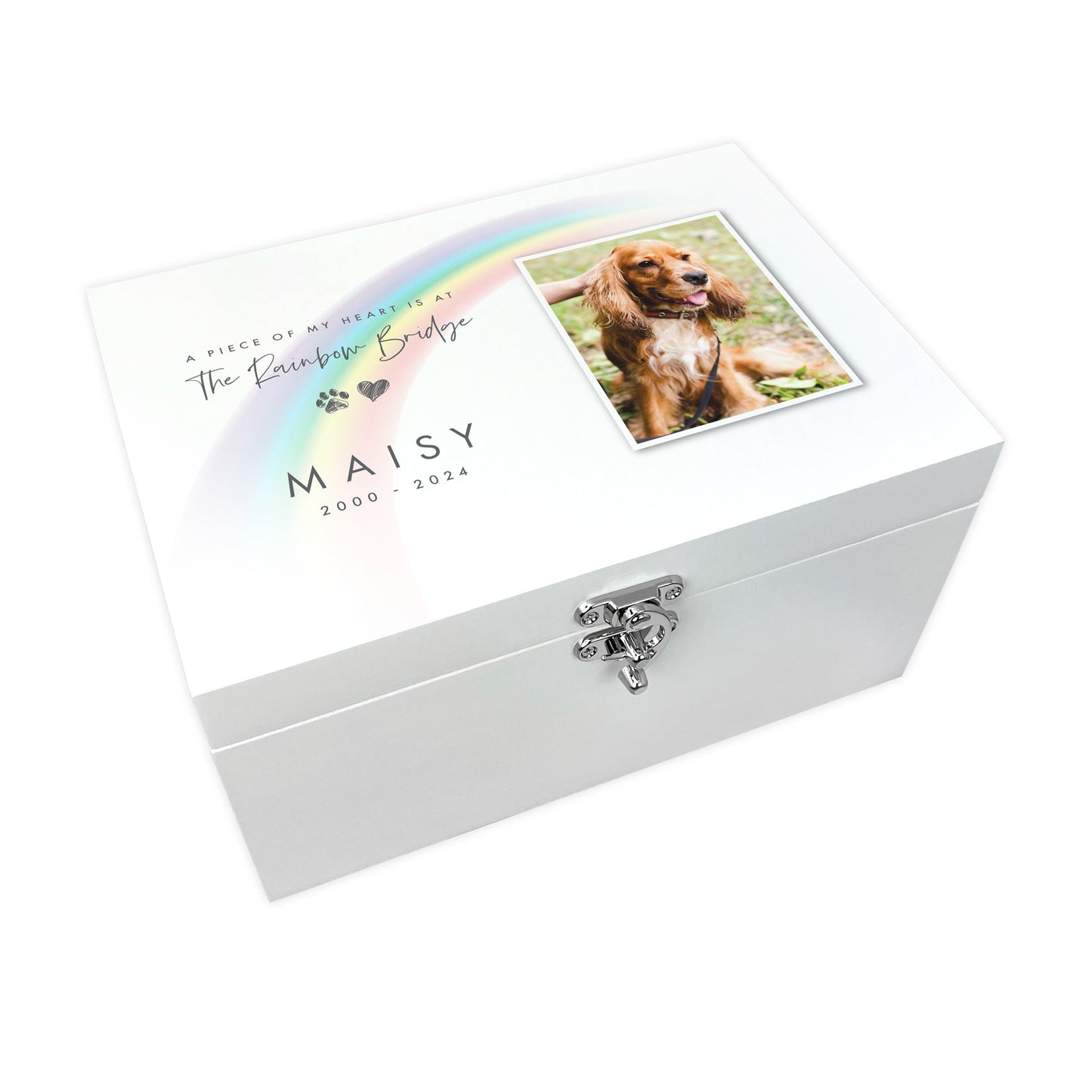 Personalised White Painted Wooden Rainbow Bridge Pet Photo Memorial Keepsake Box - 3 Sizes