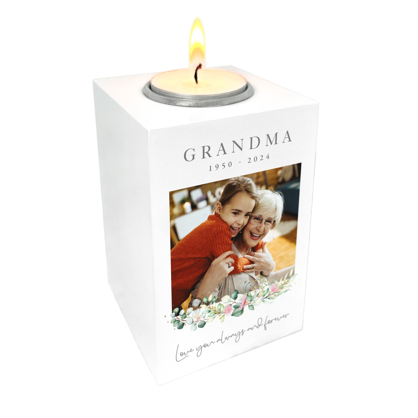 Personalised Memorial Floral White Wooden Photo Tea Light Holder