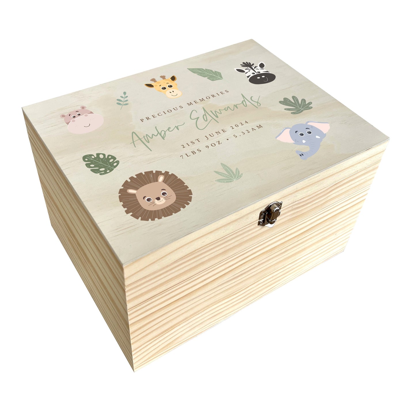 Personalised Jungle Animals New Baby Keepsake Box - 5 Sizes (16cm | 20cm | 26cm | 30cm | 36cm)