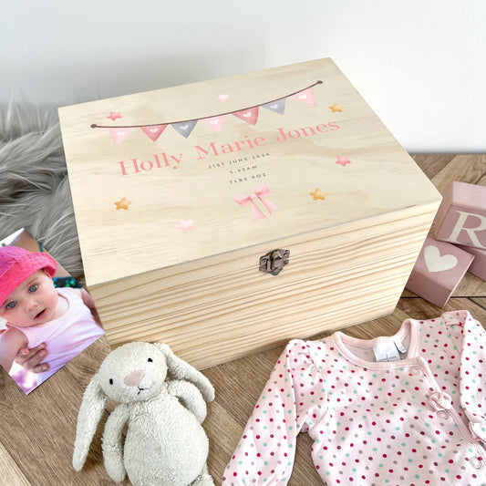 Personalised Pink Garland New Baby Keepsake Box - 5 Sizes (16cm | 20cm | 26cm | 30cm | 36cm)