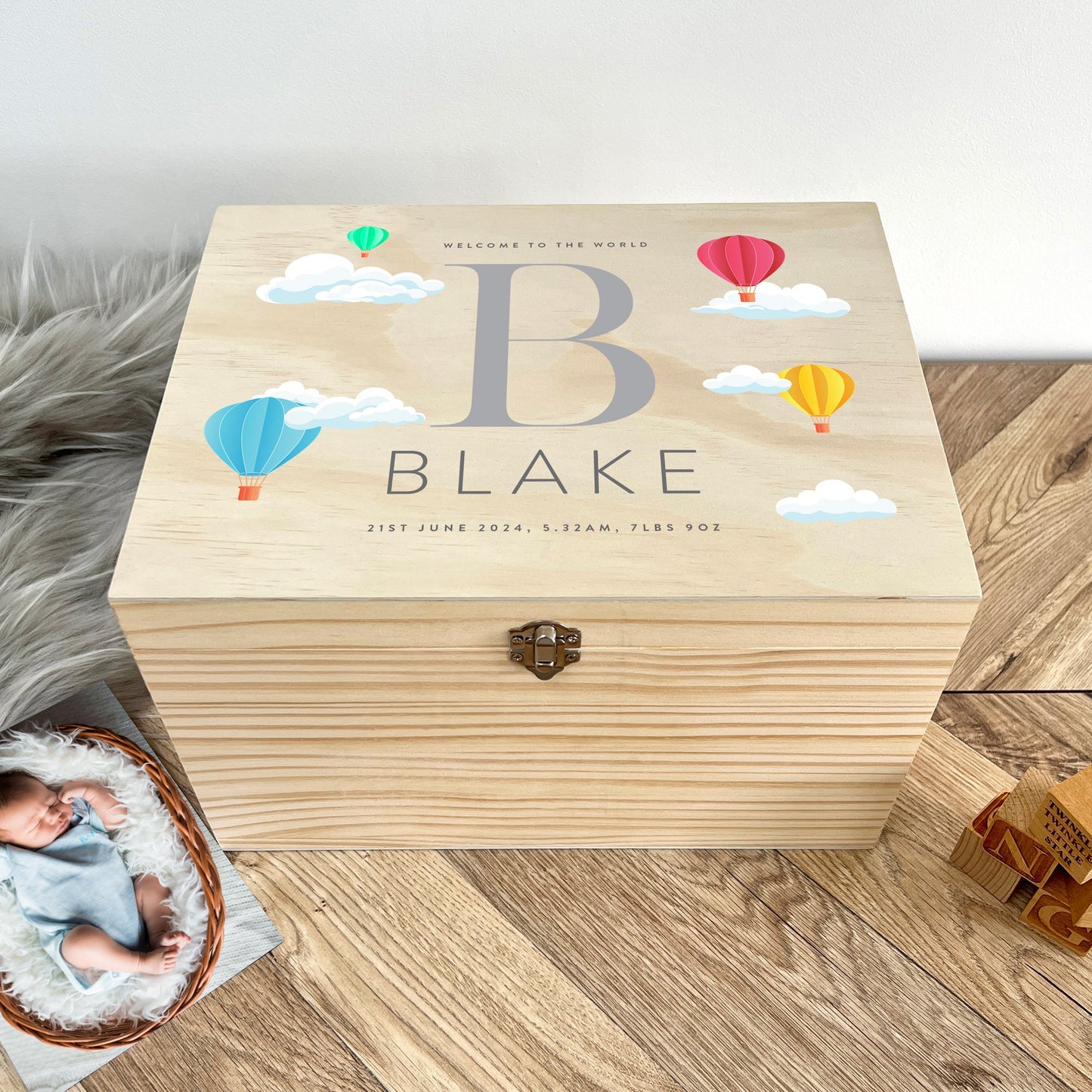 Personalised Hot Air Balloon New Baby Keepsake Box - 5 Sizes (16cm | 20cm | 26cm | 30cm | 36cm)