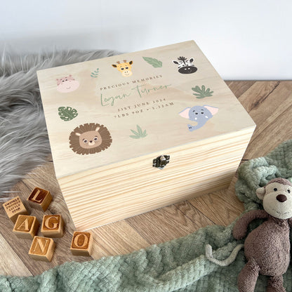 Personalised Jungle Animals New Baby Keepsake Box - 5 Sizes (16cm | 20cm | 26cm | 30cm | 36cm)