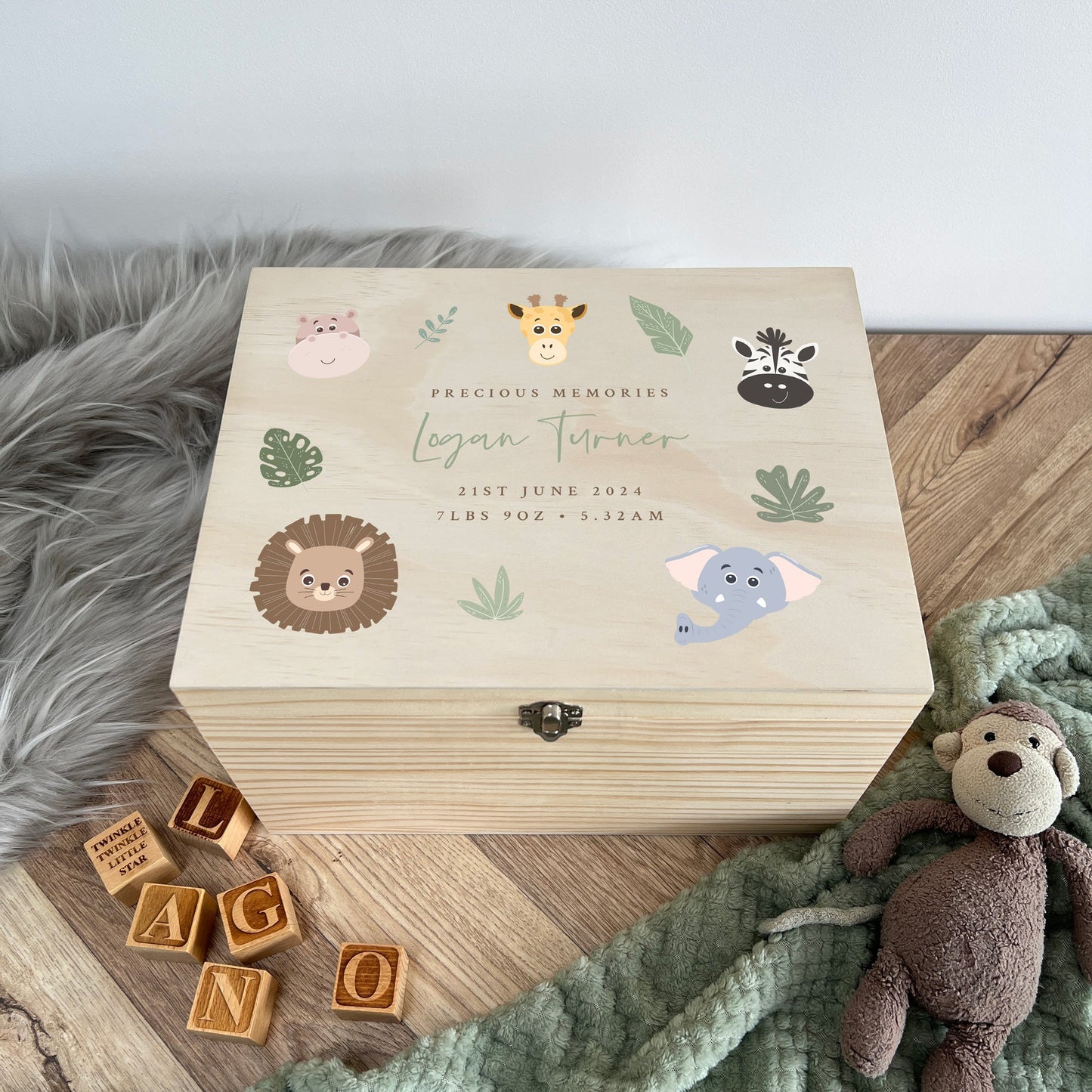 Personalised Jungle Animals New Baby Keepsake Box - 5 Sizes (16cm | 20cm | 26cm | 30cm | 36cm)