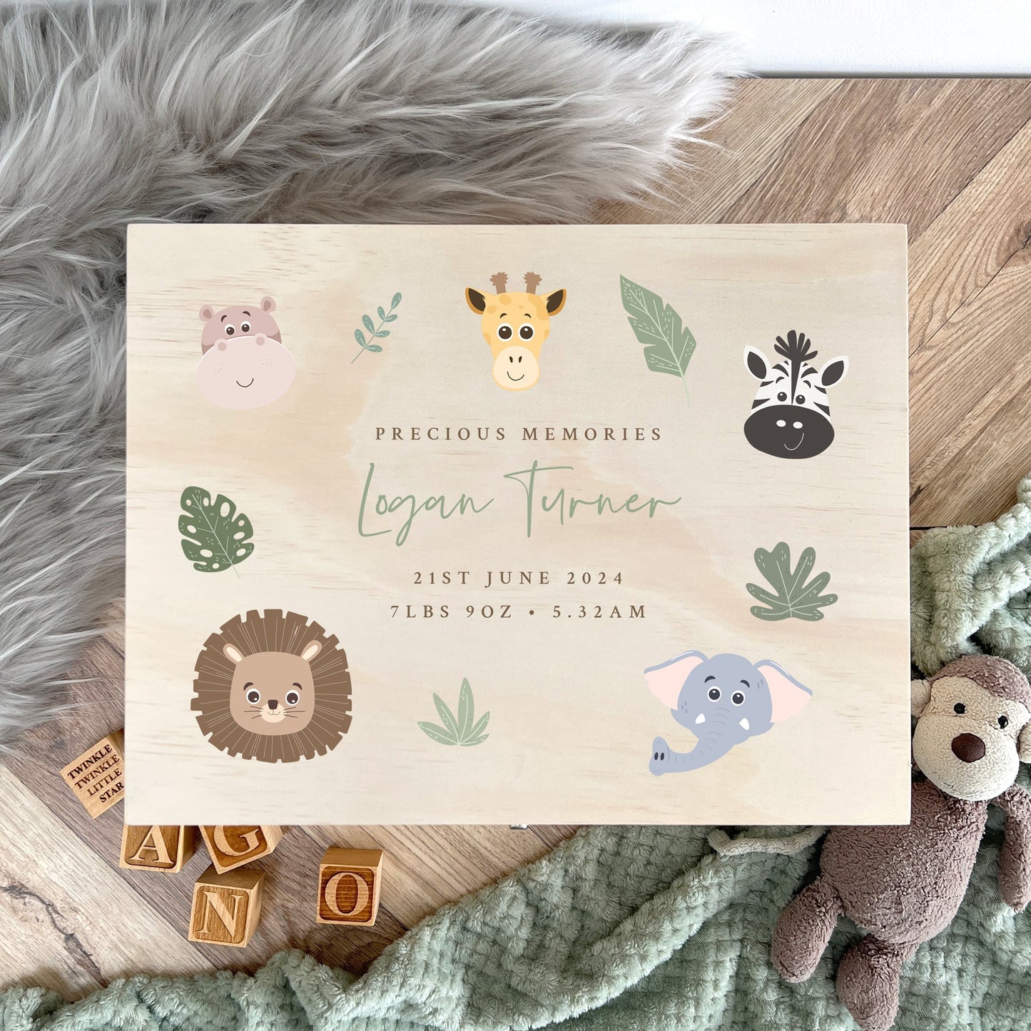 Personalised Jungle Animals New Baby Keepsake Box - 5 Sizes (16cm | 20cm | 26cm | 30cm | 36cm)