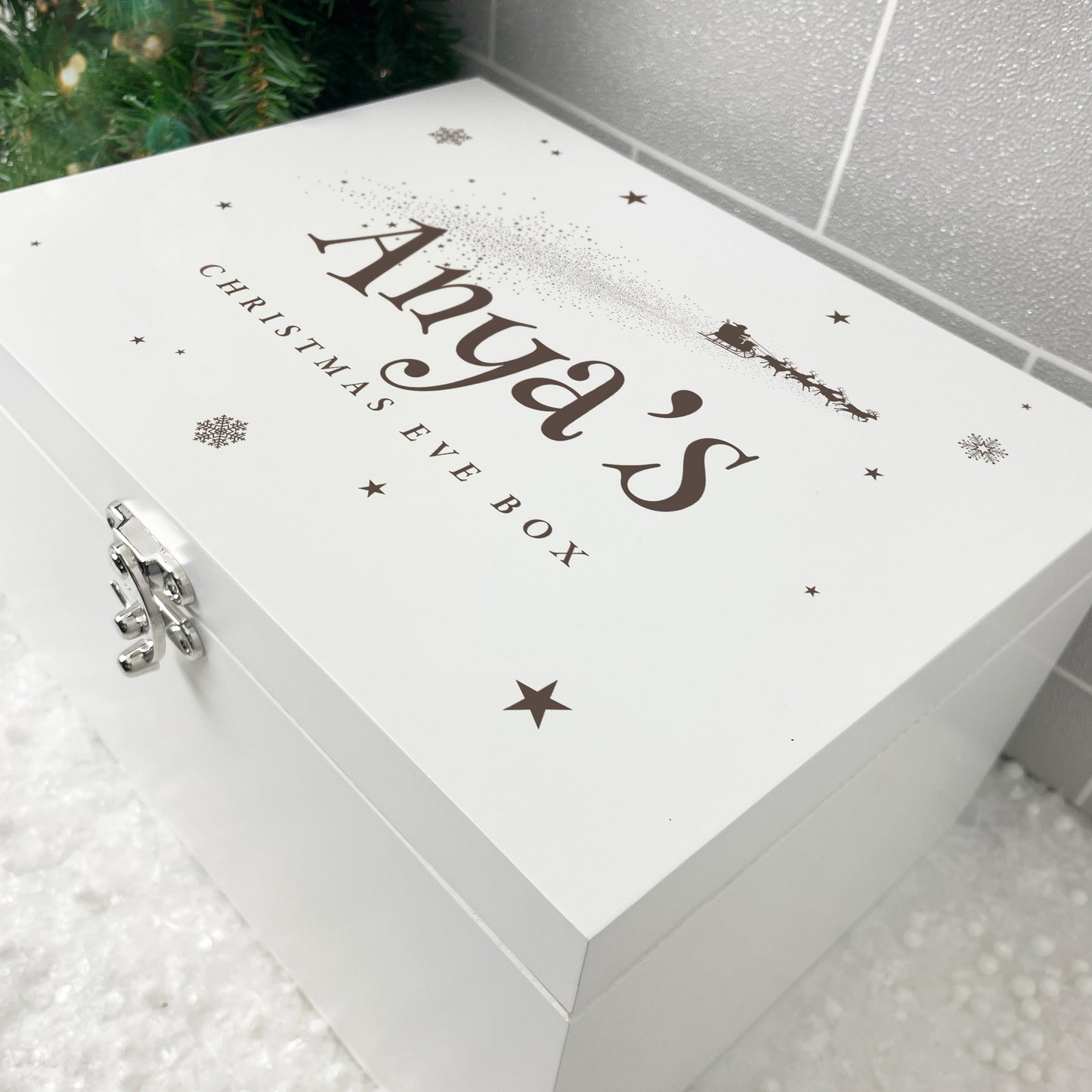 Personalised White Wooden Santa Sleigh Engraved Christmas Eve Box - 3 Sizes