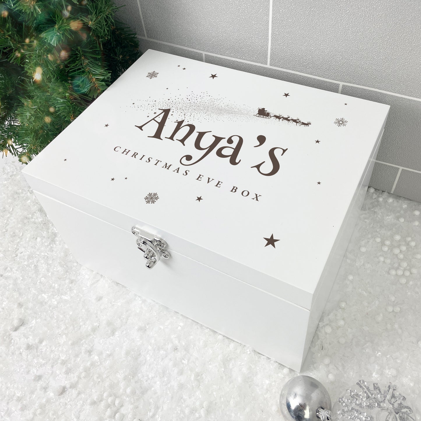 Personalised White Wooden Santa Sleigh Engraved Christmas Eve Box - 3 Sizes