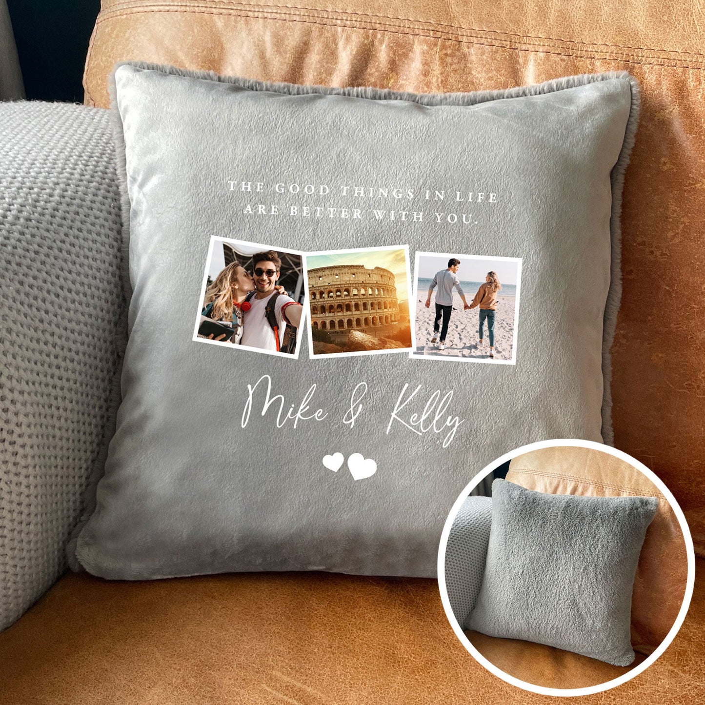 Personalised Couples Three Photo Faux Fur Cuddle Cushion