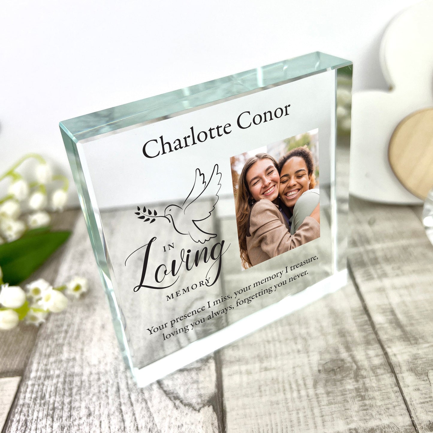 Personalised In Loving Memory Dove Photo Crystal Token