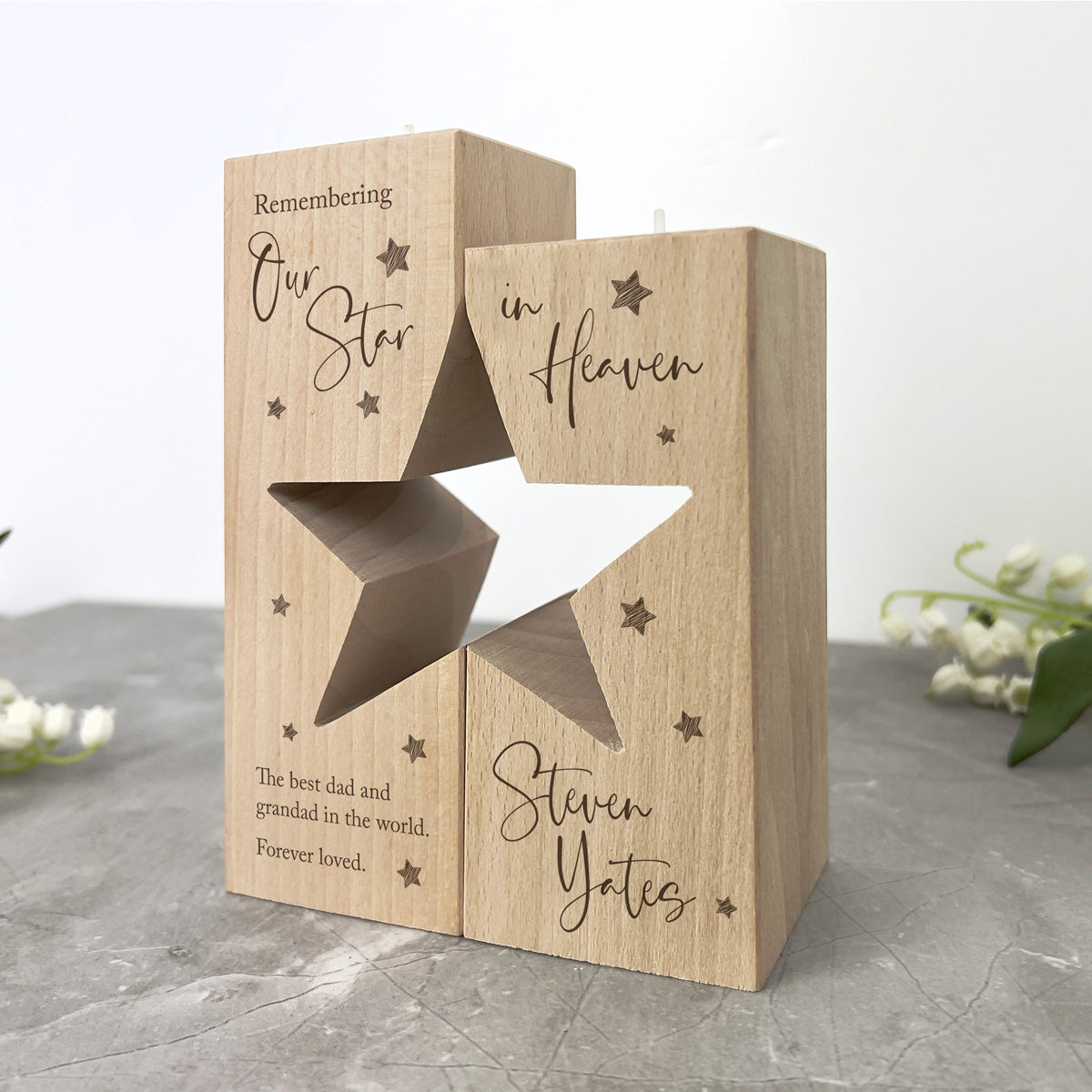 Personalised Solid Wooden Memorial Star Tea Light Holders