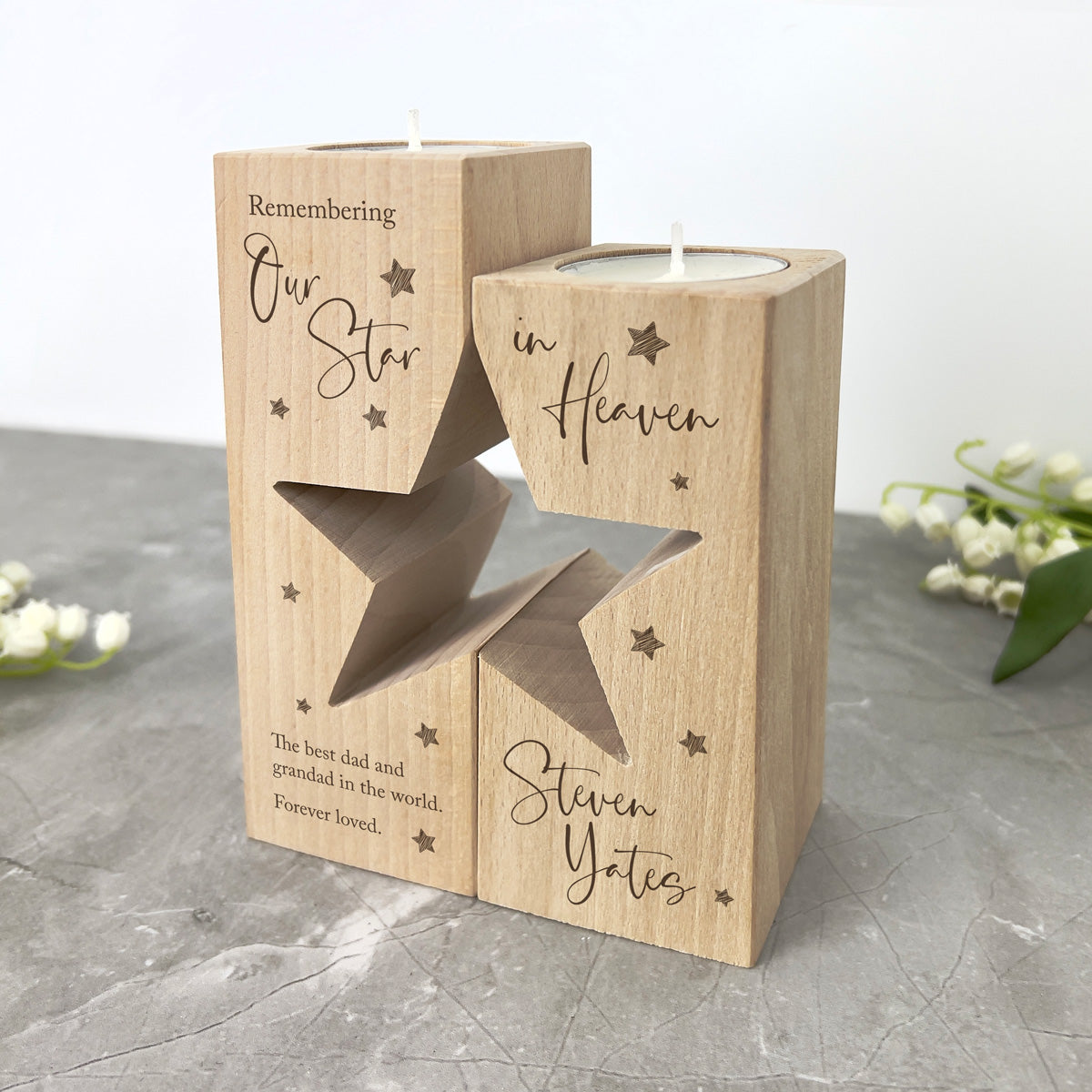 Personalised Solid Wooden Memorial Star Tea Light Holders