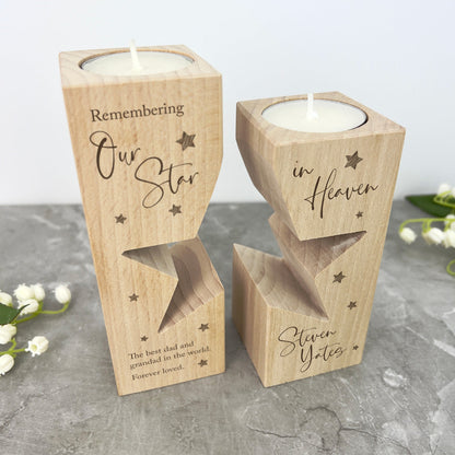 Personalised Solid Wooden Memorial Star Tea Light Holders