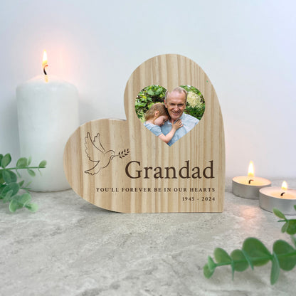 Personalised In Loving Memory Dove Photo Freestanding Wooden Heart