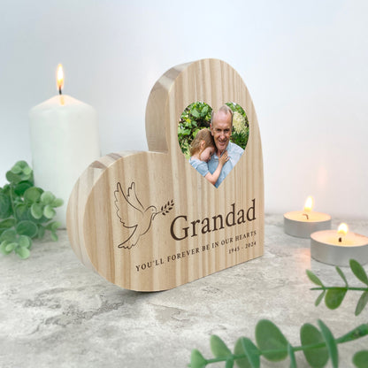 Personalised In Loving Memory Dove Photo Freestanding Wooden Heart