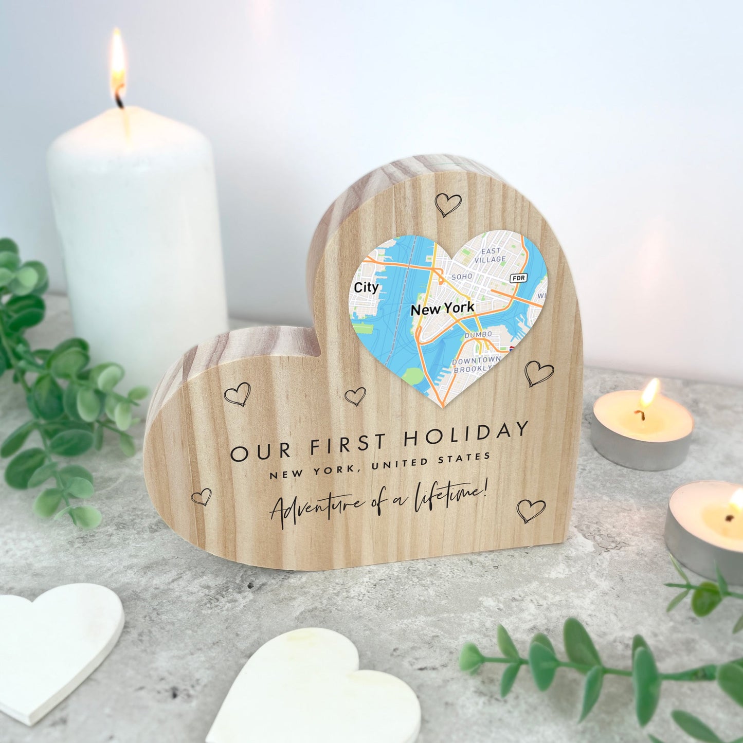 Personalised Map Location Heart Wooden Freestanding Heart