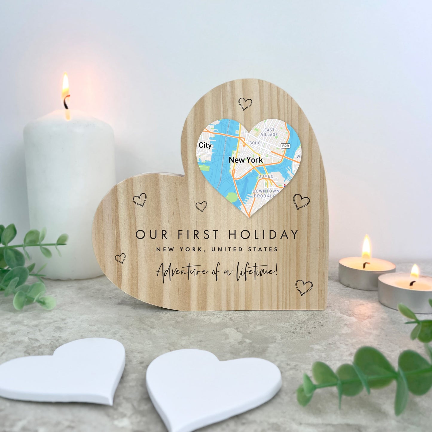 Personalised Map Location Heart Wooden Freestanding Heart