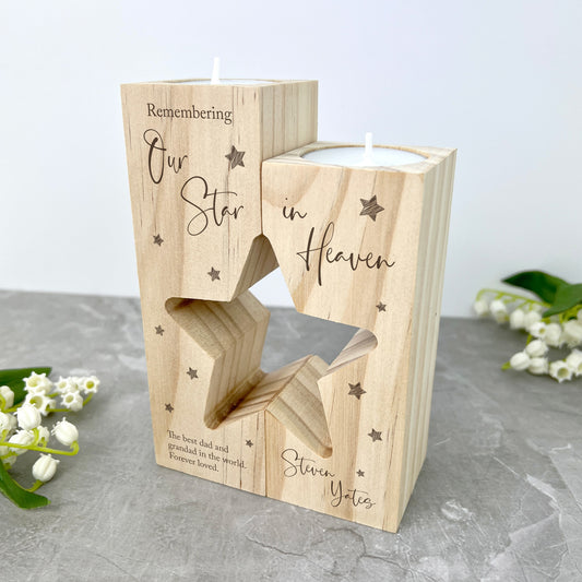 Personalised Solid Wooden Memorial Star Tea Light Holders