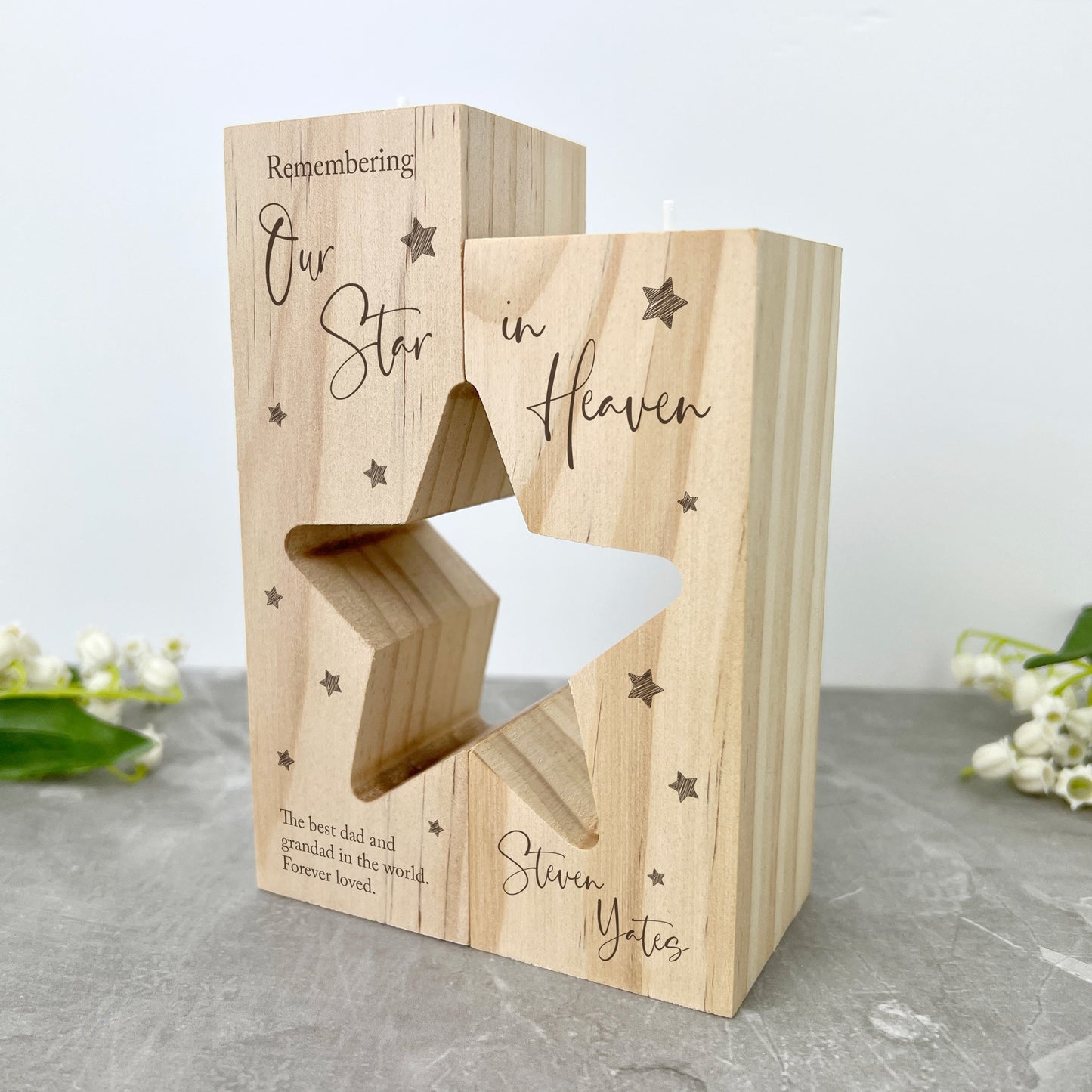 Personalised Solid Wooden Memorial Star Tea Light Holders