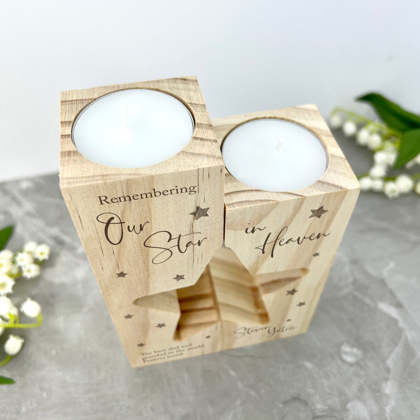 Personalised Solid Wooden Memorial Star Tea Light Holders