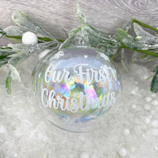 Personalised Our First Christmas Couples Iridescent Glass Bauble