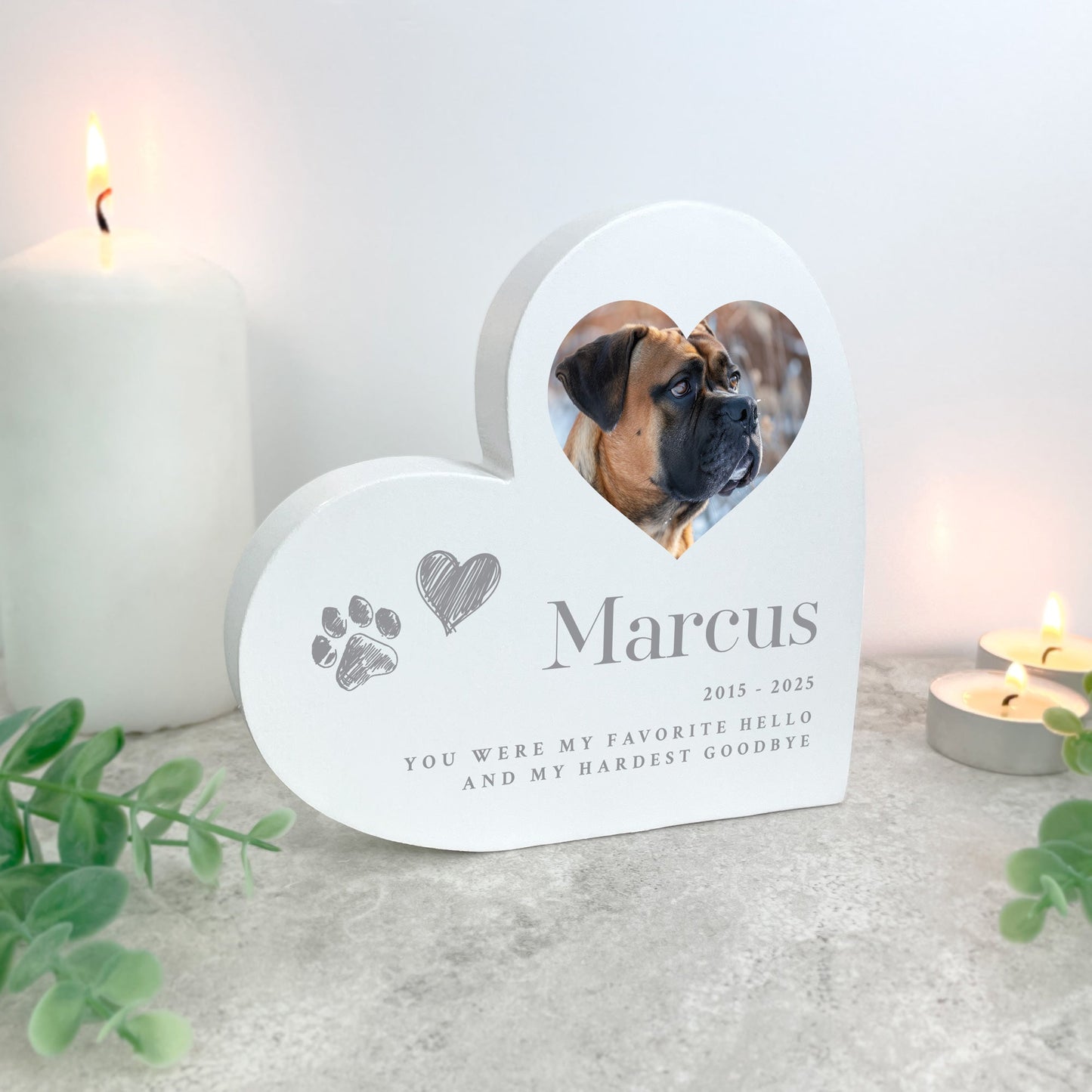 Personalised Sketch Pet Photo White Freestanding Heart