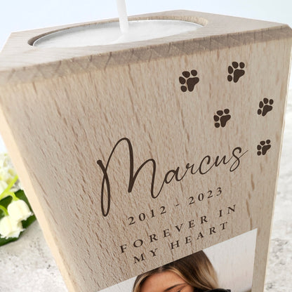 Personalised Solid Wooden Photo Pet Memorial Tea Light Holder