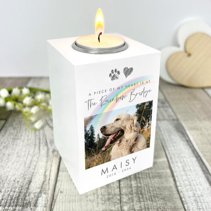 Personalised Pet Memorial Rainbow Bridge Photo White Tea Light Holder