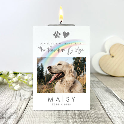 Personalised Pet Memorial Rainbow Bridge Photo White Tea Light Holder