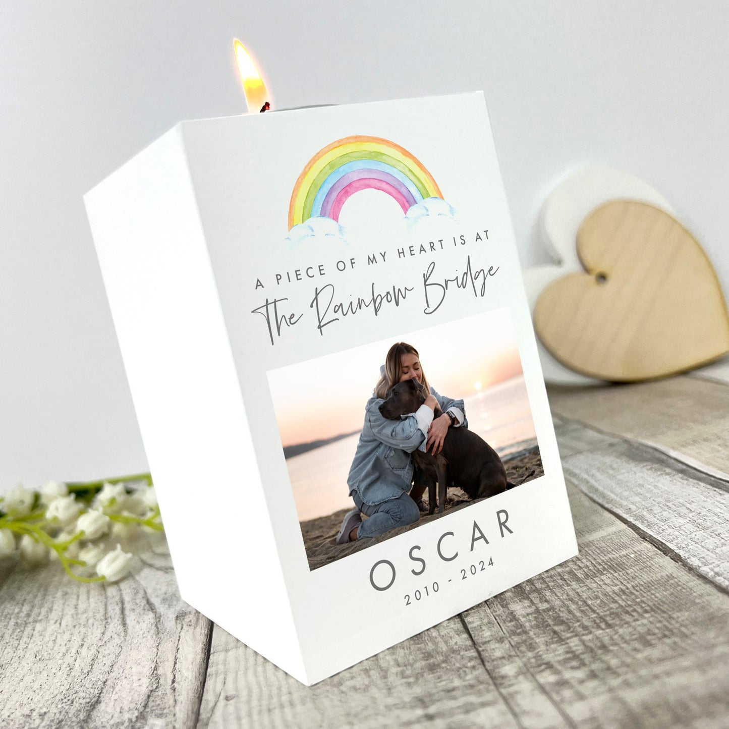 Personalised Watercolour Rainbow Pet Memorial Photo White Tea Light Holder