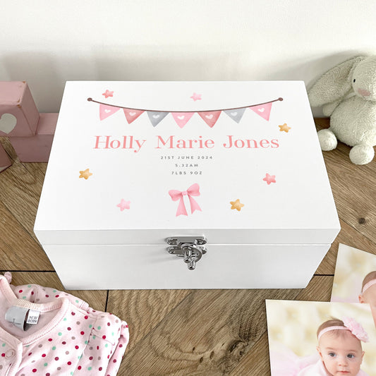 Personalised Pink Garland New Baby White Wooden Memory Box - 3 Sizes (22cm | 27cm | 30cm)