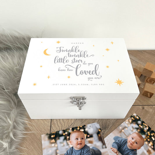 Personalised Twinkle Twinkle New Baby White Painted Wooden Memory Box - 3 Sizes (22cm | 27cm | 30cm)