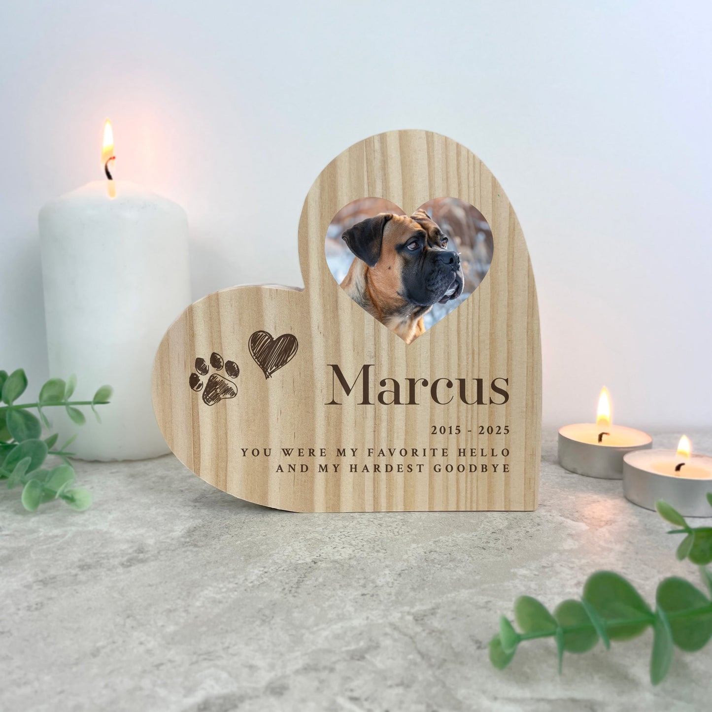 Personalised Sketch Pet Photo Wooden Freestanding Heart