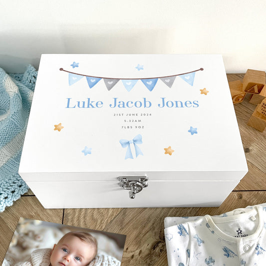 Personalised Blue Garland New Baby White Painted Wooden Memory Box - 3 Sizes (22cm | 27cm | 30cm)