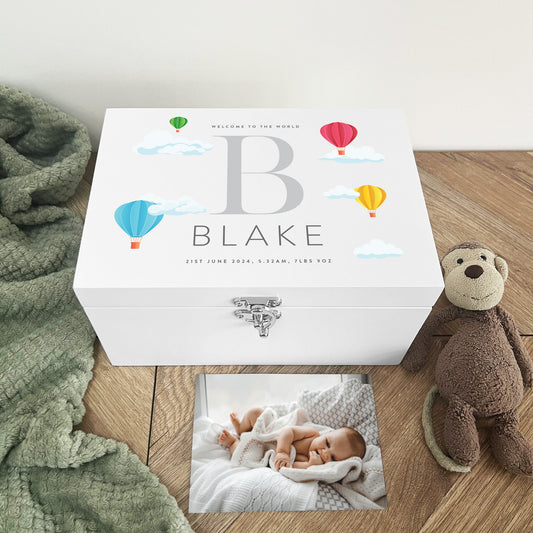 Personalised Hot Air Balloon New Baby White Wooden Memory Box - 3 Sizes (22cm | 27cm | 30cm)