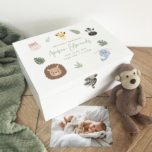 Personalised Jungle Animals New Baby White Painted Wooden Memory Box - 3 Sizes (22cm | 27cm | 30cm)