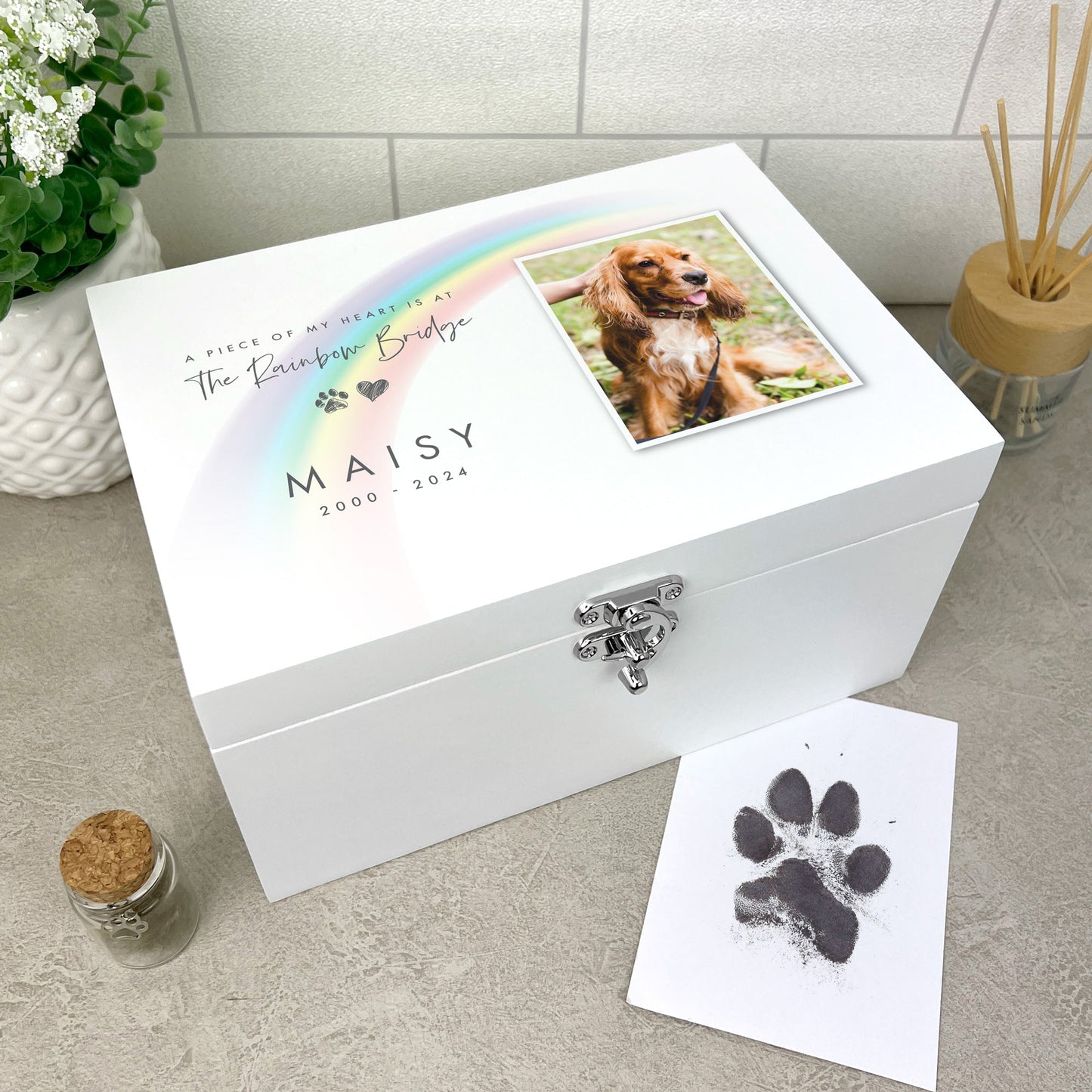 Personalised White Painted Wooden Rainbow Bridge Pet Photo Memorial Keepsake Box - 3 Sizes