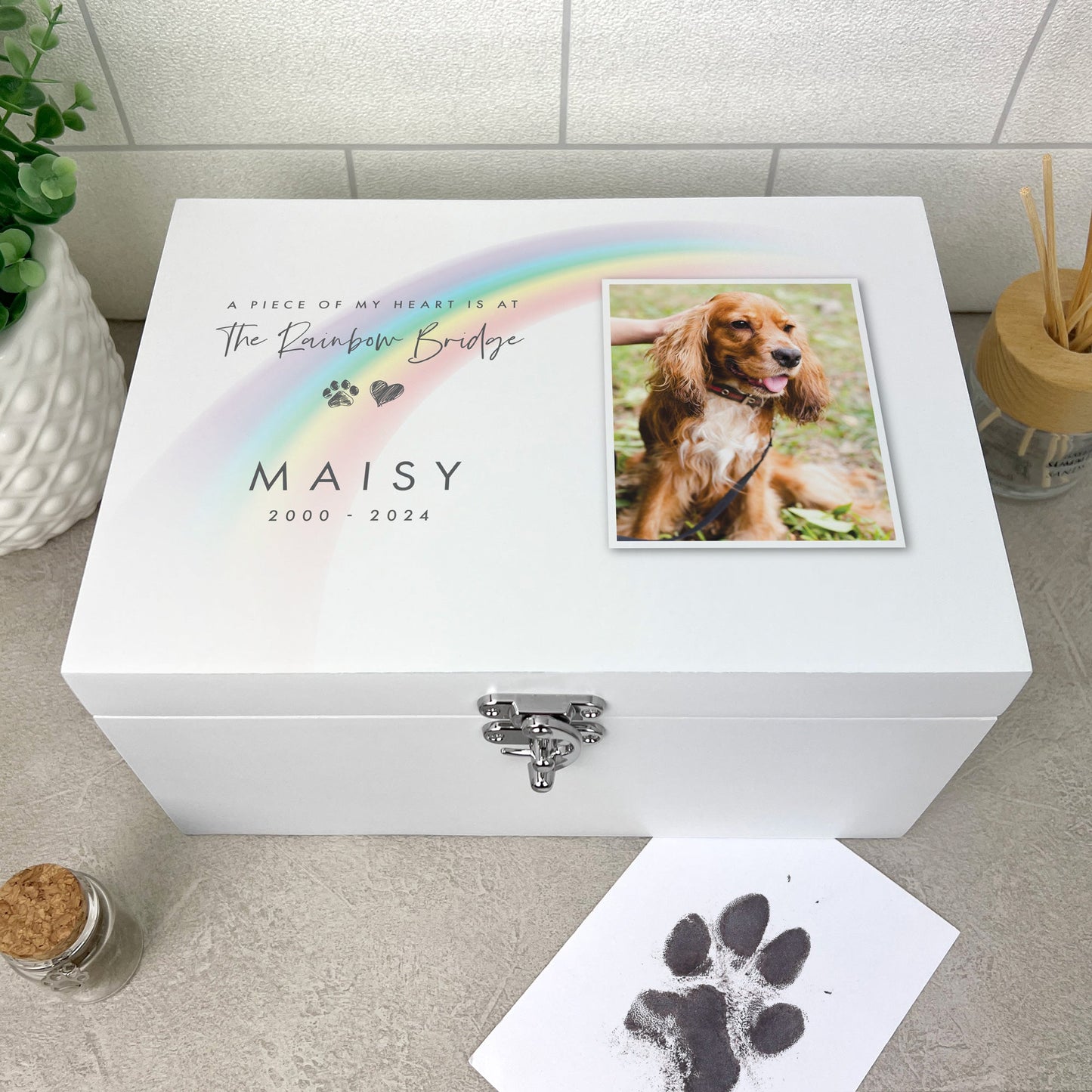 Personalised White Painted Wooden Rainbow Bridge Pet Photo Memorial Keepsake Box - 3 Sizes